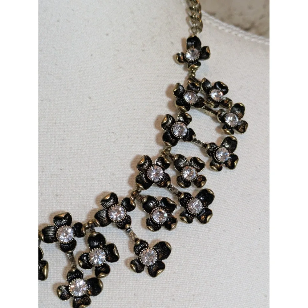 Joan Rivers Floral Cluster Bib Necklace In Antiqued Gold Tone Rhinestones 18